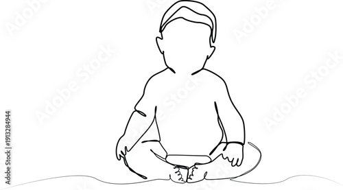 continuous line art of a baby boy sitting . Cute toddler child black linear sketch isolated on white background. 