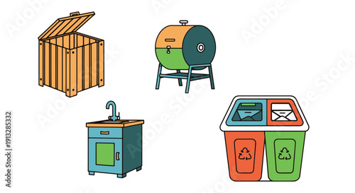 Composting Bin Line clean fresh color illustration