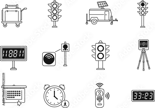 Black and white line icons featuring traffic lights, digital timers, countdown clocks, pedestrian signals, remote controls, and display boards.
