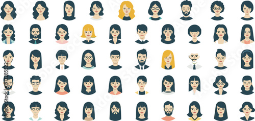 Avatar grid of diverse people, cartoon style, flat design, unique characters, profile icons, facial features, hairstyles, clothing, illustration