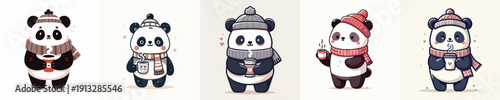 panda vector drinking winter coffee