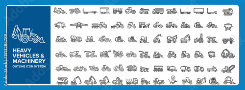 Heavy Construction and Mining Outline Vector Icon Set — Industrial Machinery and Equipment Editable Stroke Icons for Web and App UI