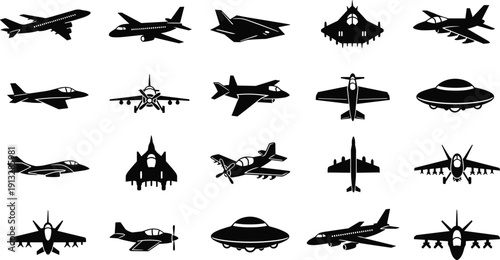 Set of military and commercial aircraft silhouettes including fighter jets, bombers and passenger planes isolated on white background for aviation design