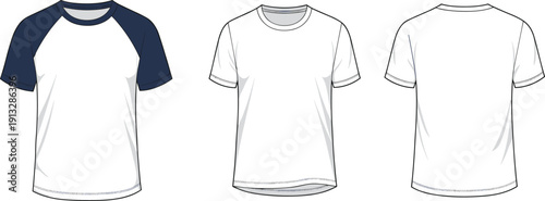 Blank t-shirt front view, t-shirt back view, raglan shirt template, white crew neck shirt, vector mockup, fashion illustration