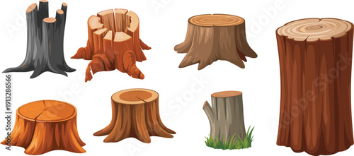 Tree stump illustrations in different styles showing cut wood textures, natural timber forms, forestry elements, deforestation concept, and organic material design