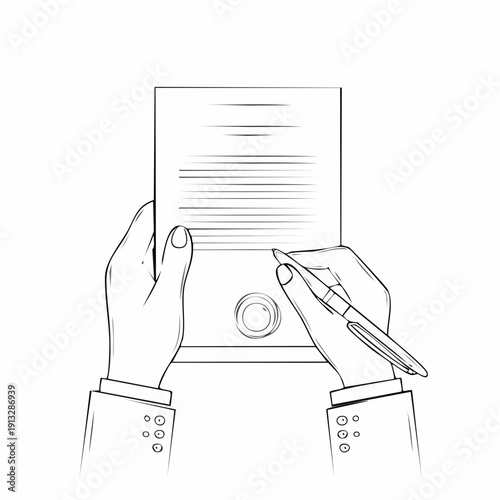 Hands holding a document and a pen for signing.
