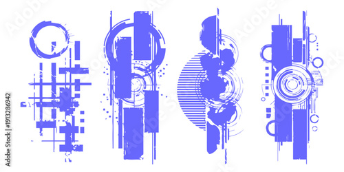 Set of four abstract vertical grunge elements with geometric shapes and paint splatters in blue, modern design