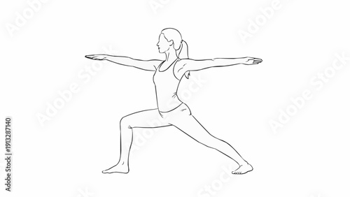 Woman performing yoga warrior two pose line drawing.