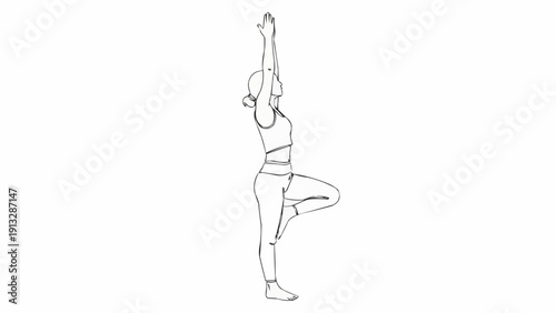 Woman practicing yoga tree pose line drawing.