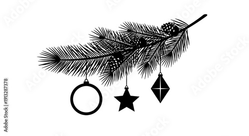 Christmas Tree Branch with Ornaments and Baubles vector icon