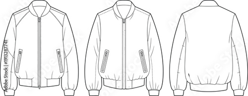 Bomber jacket CAD drawing, vector fashion illustration, front and back view, zipper detail, technical garment sketch, apparel template design