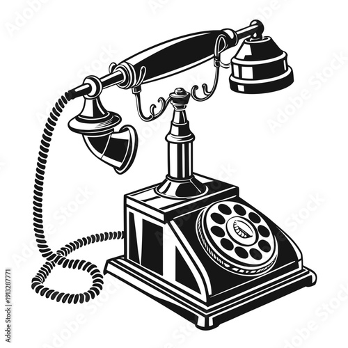 A black and white drawing of a rotary phone