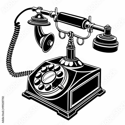 A black and white image of an old telephone