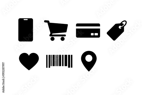 Collection of Black E commerce Icons Including Smartphone Shopping Cart Credit Card Tag Heart Barcode and Location Pin Isolated on White Background