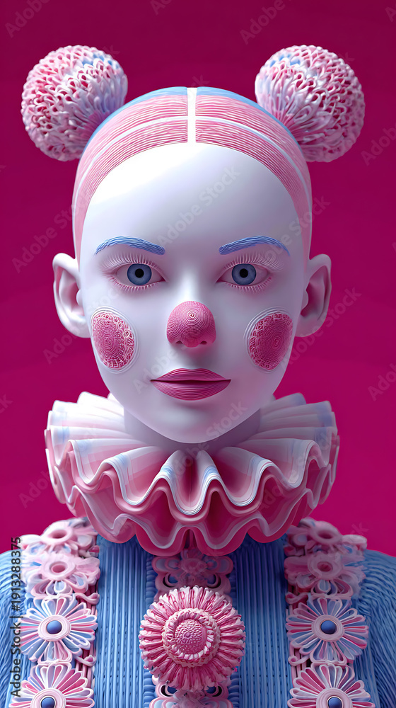 Fototapeta premium A whimsical clown with colorful makeup and attire, posing in a vibrant environment