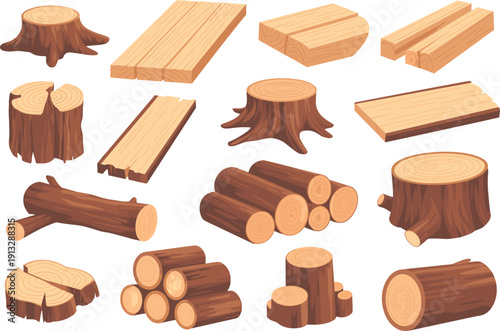 Wood logs, planks, tree stumps, and timber elements illustration showing forestry materials, lumber processing, natural wood textures, and carpentry resources concept