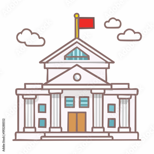 Simple illustration of a government building with columns and a flag.