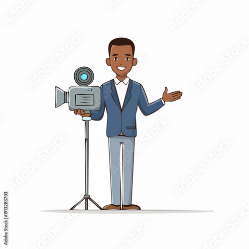 Cartoon man presenting with a professional video camera.