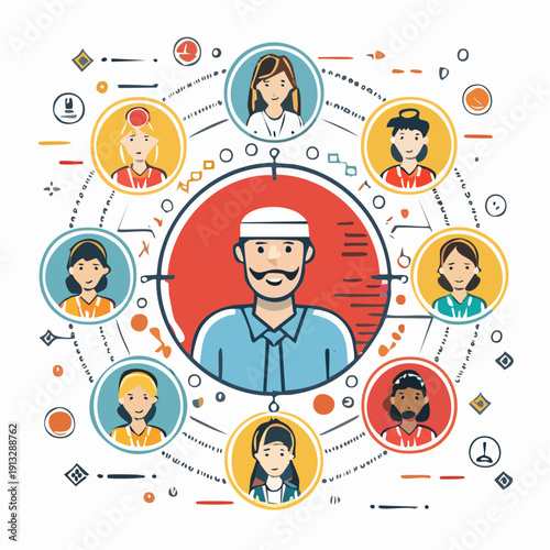 Diverse Group of People Connected to Central Figure.