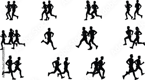 Black silhouettes of running men and women in motion, dynamic jogging and sprint poses, fitness, marathon training, active lifestyle concept illustration