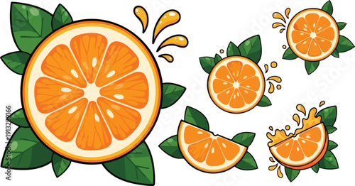 Vector illustration of a vibrant orange fruit slice with green leaves and juice splashes, isolated on a transparent background, perfect for healthy food branding or summer beverage designs.