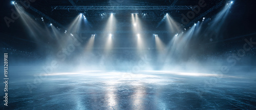 Wallpaper Mural Hockey stadium scene with dramatic spotlights, smoke and textured ice surface. Powerful stage lighting background for sports events, performances and intense competition atmosphere. Torontodigital.ca