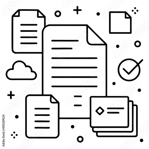 office document icons, colorful paper sheets, notebook, printer, and file stack, minimal design, bold black outlines, soft pastel colors,