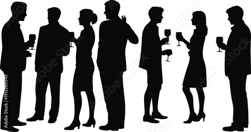 Business people silhouettes socializing at networking event with drinks, representing corporate communication, teamwork, professional relationships, and modern social lifestyle concept