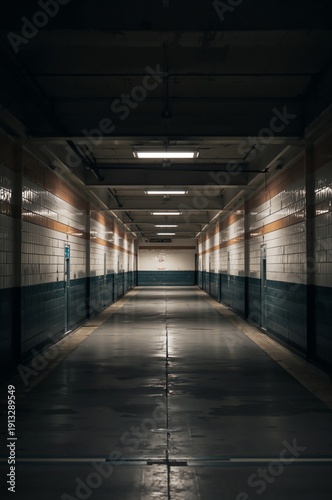 Long Dimly Lit Corridor in a Building With Tiled Walls and Concrete Floor