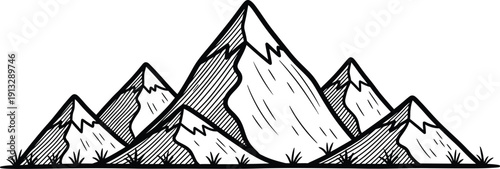 Sketchy black and white rendering of a majestic mountain range, highlighting rugged peaks and natural scenery
