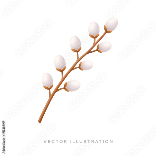 Willow branch with pussy willow buds. Minimal spring Easter vector illustration 3D realistic icon