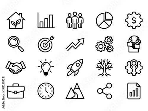 Business growth and success icons including rocket, lightbulb, and graph