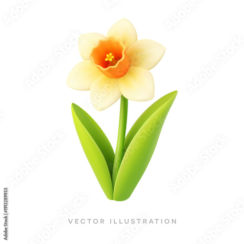 Yellow daffodil flower 3D realistic icon. Spring Easter botanical vector illustration