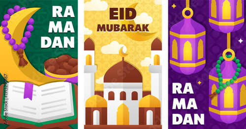 Ramadan and Eid Mubarak vertical banner set with cartoon bold crescent moon, mosque, Quran, lantern, prayer beads. Flat Islamic greeting cards, posters, mobile wallpaper for Muslim holiday celebration