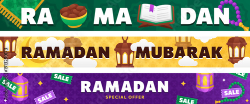 Ramadan Kareem panoramic banner set with flat cartoon prayer beads, Quran, dates bowl, prayer rug on Islamic arabesque backgrounds with bold text. Modern simple wide Muslim headers for Eid greetings.