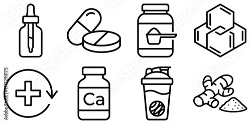 Health and wellness icons including supplements, pills, and ginger root