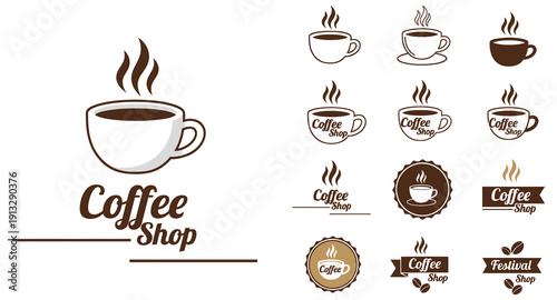 A collection of coffee-themed icons and the coffee shop logo design