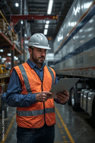 Worker Checks Tasks on Tablet Inside Warehouse During Evening Hours