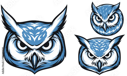 Vector illustration set featuring three stylized owl heads in shades of blue and white, with sharp lines and an aggressive expression, isolated on a transparent background.