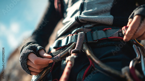Close up of climber with ropes and technical equipment. Detailed view of safety preparation, adventure gear, and outdoor equipment for professional mountaineering and expedition planning visuals.