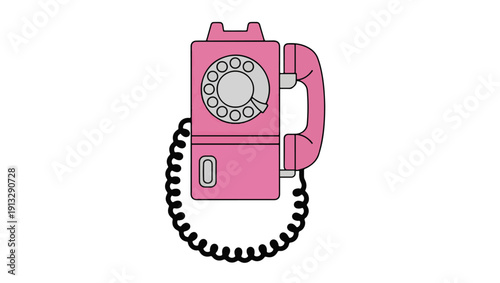 Vintage Rotary Payphone Vector – Retro Pink Phone with Metallic Accents On PNG Background, vintage payphone vector, rotary dial phone illustration, retro phone vector, pink payphone illustration, 