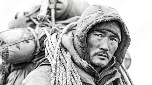Wallpaper Mural Black and white closeup portrait of a sherpa carrying gear in extreme mountain conditions. High altitude mountaineering on eight thousanders, skin texture, strength, endurance and survival. Torontodigital.ca
