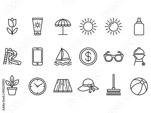 Summer vacation and leisure icons in a clean line art style, featuring sun, beach umbrella, and pool slide.