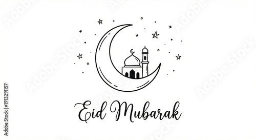Eid Mubarak Crescent Moon Mosque Minimal Line Art