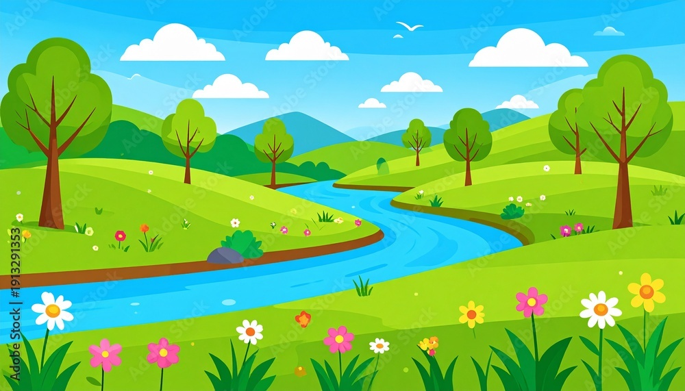 Obraz premium Serene countryside landscape with river, trees, and wildflowers under blue sky