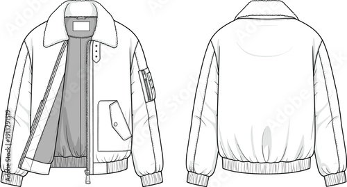 Fashion technical flat sketch of a bomber jacket with shearling collar utility sleeve pocket and ribbed hem for apparel templates
