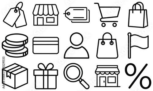 Vector icon set representing online shopping, e-commerce, and retail services with clear, minimalist graphics.