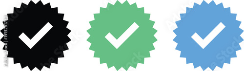 Set of account verification icons with check marks in circle and badge shapes for social media profile security. Blue, black and green tick authenticity symbol isolated on transparent background.