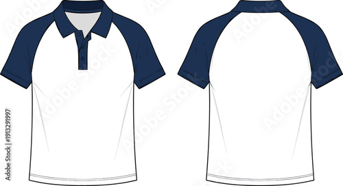 Fashion technical flat sketch of a short sleeve raglan polo shirt with ribbed collar and three button placket for templates