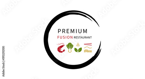Elegant fusion restaurant logo design with brushstroke circle and culinary icons.